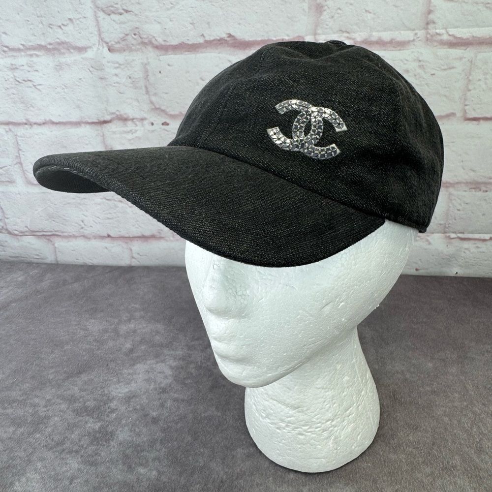 Chanel 22P Black Denim Sequin CC White Logo Baseball Cap Curved Peak Hat - Picture 2 of 13